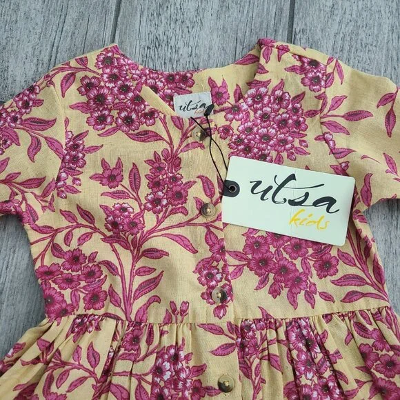 Utsa Kids Yellow Pink Floral Eyelet Bell Sleeve Dress 2Y NWT - Picture 3 of 8